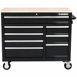 Best Pirce 🧨 Husky 42 in. W x 18.1 in. D 8-Drawer Black Mobile Workbench Cabinet with Solid Wood Top 🥰 -Deals Tool Storage Store black husky mobile workbenches h42mwc8blk 40 1000