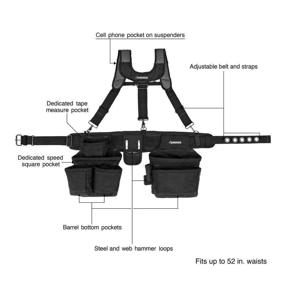 Buy 👏 Husky 16-Pocket Black Carpenter's Tool Belt with Suspenders 😉 5 Buy 👏 Husky 16-Pocket Black Carpenter's Tool Belt with Suspenders 😉 - Image 3