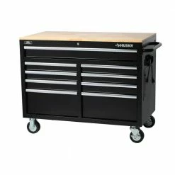 Best Sale ๐ฅฐ Husky 46 in. W x 24.5 in. D Standard Duty 9-Drawer Mobile Workbench Tool Chest with Solid Wood Top in Gloss Black ๐ฅ