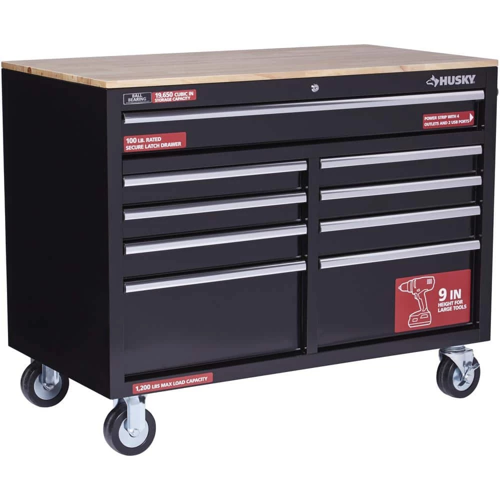 Best Sale ๐ฅฐ Husky 46 in. W x 24.5 in. D Standard Duty 9-Drawer Mobile Workbench Tool Chest with Solid Wood Top in Gloss Black ๐ฅ 8 Best Sale ๐ฅฐ Husky 46 in. W x 24.5 in. D Standard Duty 9-Drawer Mobile Workbench Tool Chest with Solid Wood Top in Gloss Black ๐ฅ - Image 6