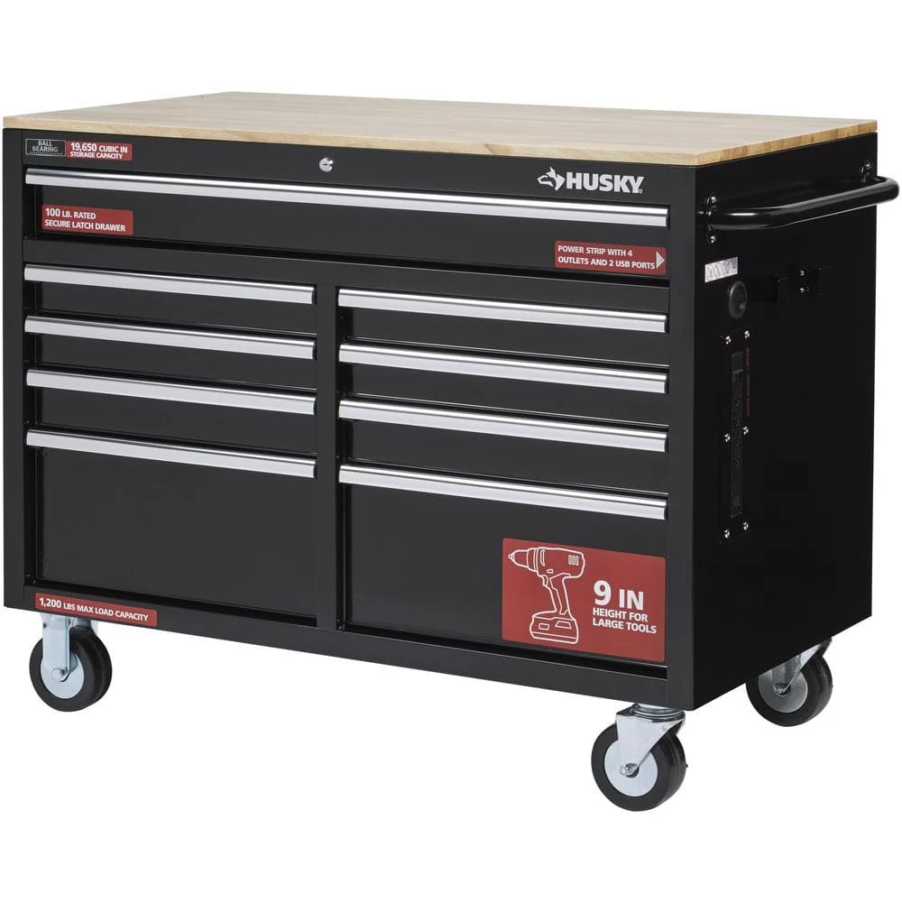 Best Sale ๐ฅฐ Husky 46 in. W x 24.5 in. D Standard Duty 9-Drawer Mobile Workbench Tool Chest with Solid Wood Top in Gloss Black ๐ฅ 15 Best Sale ๐ฅฐ Husky 46 in. W x 24.5 in. D Standard Duty 9-Drawer Mobile Workbench Tool Chest with Solid Wood Top in Gloss Black ๐ฅ - Image 13