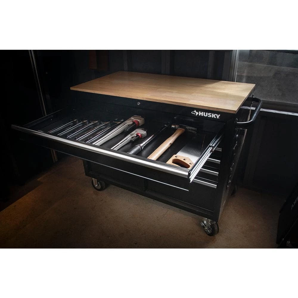 Best Sale ๐ฅฐ Husky 46 in. W x 24.5 in. D Standard Duty 9-Drawer Mobile Workbench Tool Chest with Solid Wood Top in Gloss Black ๐ฅ 10 Best Sale ๐ฅฐ Husky 46 in. W x 24.5 in. D Standard Duty 9-Drawer Mobile Workbench Tool Chest with Solid Wood Top in Gloss Black ๐ฅ - Image 8
