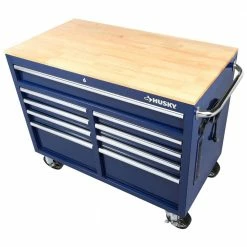 Wholesale ❤️ Husky 46 in. W x 24.5 in. D Standard Duty 9-Drawer Mobile Workbench Tool Chest with Solid Wood Top in Gloss Blue 🎁 -Deals Tool Storage Store gloss blue with silver trim husky mobile workbenches h46mwc9gbv2 1d 1000