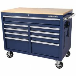 Wholesale โค๏ธ Husky 46 in. W x 24.5 in. D Standard Duty 9-Drawer Mobile Workbench Tool Chest with Solid Wood Top in Gloss Blue ๐