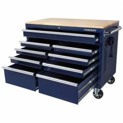 Wholesale ❤️ Husky 46 in. W x 24.5 in. D Standard Duty 9-Drawer Mobile Workbench Tool Chest with Solid Wood Top in Gloss Blue 🎁 -Deals Tool Storage Store gloss blue with silver trim husky mobile workbenches h46mwc9gbv2 a0 1000