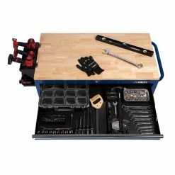Wholesale ❤️ Husky 46 in. W x 24.5 in. D Standard Duty 9-Drawer Mobile Workbench Tool Chest with Solid Wood Top in Gloss Blue 🎁 -Deals Tool Storage Store gloss blue with silver trim husky mobile workbenches h46mwc9gbv2 c3 1000