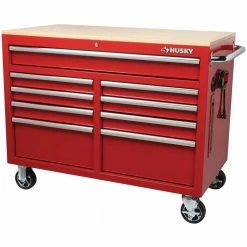 Buy ๐ฅฐ Husky 46 in. W x 24.5 in. D 9-Drawer Gloss Red Deep Tool Chest Mobile Workbench with Hardwood Top ๐ฅฐ