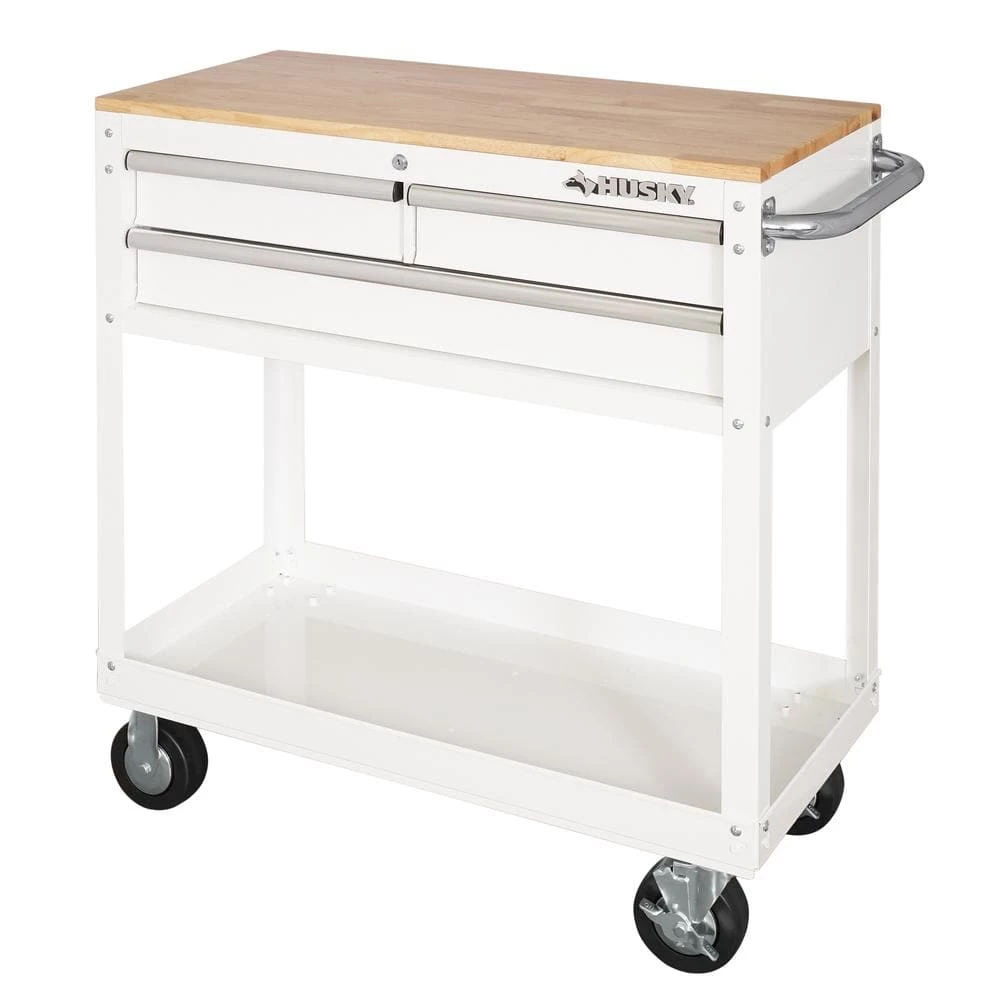 Best Sale 😀 Husky 36 in. 3-Drawer with Solid Wood Top in Gloss White Utility Cart 🎉 3 Best Sale 😀 Husky 36 in. 3-Drawer with Solid Wood Top in Gloss White Utility Cart 🎉