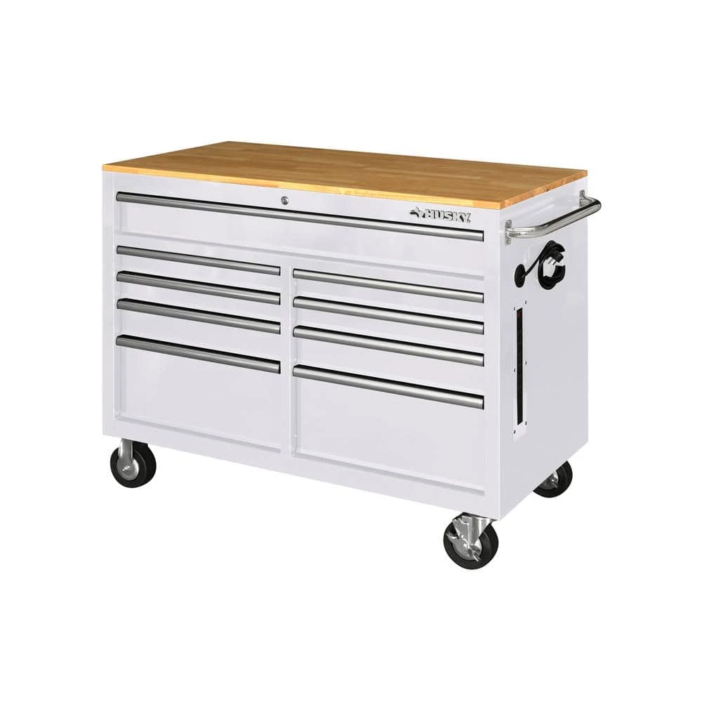 Top 10 ✨ Husky 46 in. W x 24.5 in D Standard Duty 9-Drawer Mobile Workbench Tool Chest with Solid Wood Top in Gloss White 🌟 3 Top 10 ✨ Husky 46 in. W x 24.5 in D Standard Duty 9-Drawer Mobile Workbench Tool Chest with Solid Wood Top in Gloss White 🌟