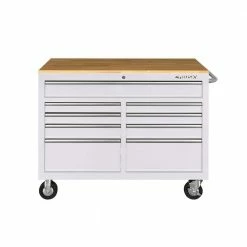 Top 10 ✨ Husky 46 in. W x 24.5 in D Standard Duty 9-Drawer Mobile Workbench Tool Chest with Solid Wood Top in Gloss White 🌟 20 Top 10 ✨ Husky 46 in. W x 24.5 in D Standard Duty 9-Drawer Mobile Workbench Tool Chest with Solid Wood Top in Gloss White 🌟 -Deals Tool Storage Store gloss white with silver trim husky mobile workbenches hotc4609bj6m c3 1000