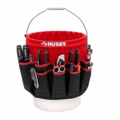 Flash Sale 👏 Husky 12 in. 30 Pocket Heavy Duty Bucket Jockey 5 Gallon In-Bucket Storage Tool Bag 🧨 -Deals Tool Storage Store red black husky tool bags hd10030 th e1 1000