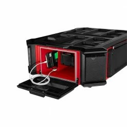 Deals ⭐ Milwaukee PACKOUT 20 in. 2-Wheel Utility Cart with M18 Lithium-Ion Cordless PACKOUT Radio/Speaker with Built-In Charger 💯 -Deals Tool Storage Store red black milwaukee modular tool storage systems 48 22 8415 2950 20 1d 1000