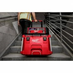 Deals ⭐ Milwaukee PACKOUT 20 in. 2-Wheel Utility Cart with M18 Lithium-Ion Cordless PACKOUT Radio/Speaker with Built-In Charger 💯 -Deals Tool Storage Store red black milwaukee modular tool storage systems 48 22 8415 2950 20 4f 1000