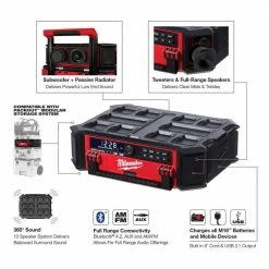 Deals ⭐ Milwaukee PACKOUT 20 in. 2-Wheel Utility Cart with M18 Lithium-Ion Cordless PACKOUT Radio/Speaker with Built-In Charger 💯 -Deals Tool Storage Store red black milwaukee modular tool storage systems 48 22 8415 2950 20 a0 1000