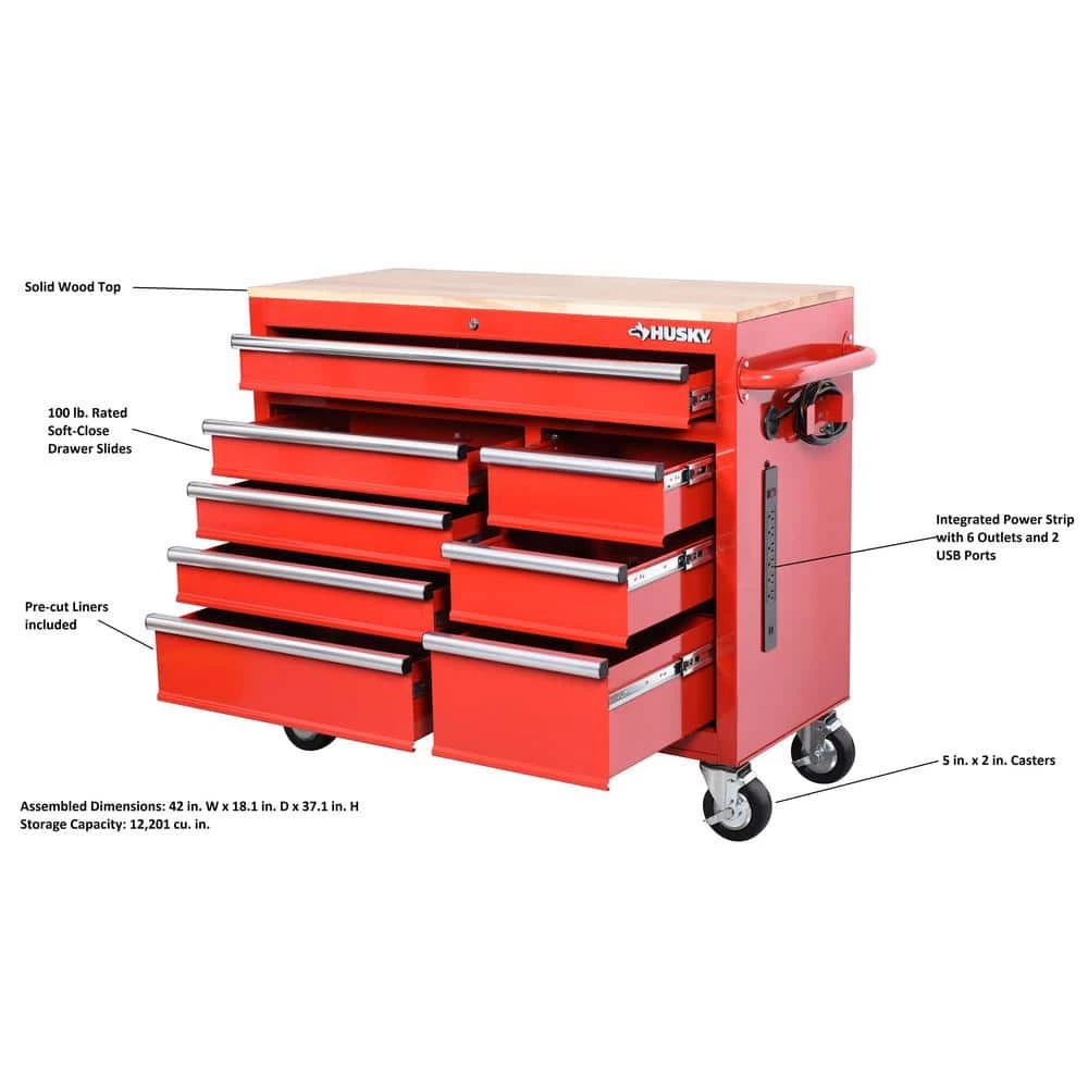 Best Sale ๐ Husky 42 in. W x 18.1 in. D 8-Drawer Red Mobile Workbench Cabinet with Solid Wood Top ๐ 4 Best Sale ๐ Husky 42 in. W x 18.1 in. D 8-Drawer Red Mobile Workbench Cabinet with Solid Wood Top ๐ - Image 2