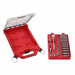 Best Sale 🎉 Milwaukee 15 in. PACKOUT 🎒 Backpack and 3/8 in. Drive SAE Ratchet and Socket Mechanics Tool Set with PACKOUT Case (28-Piece) 🎉 -Deals Tool Storage Store red milwaukee modular tool storage systems 48 22 8301 48 22 9481 4f 1000