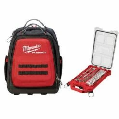 Best Sale 🎉 Milwaukee 15 in. PACKOUT 🎒 Backpack and 3/8 in. Drive SAE Ratchet and Socket Mechanics Tool Set with PACKOUT Case (28-Piece) 🎉