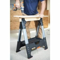 New 🥰 RIDGID 32 in. Polypropylene Folding Sawhorse with Adjustable Metal Legs 👍 -Deals Tool Storage Store ridgid saw horses 230710 77 1000