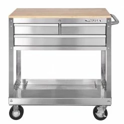 Promo 🎁 Husky 36 in. 3-Drawer with Solid Wood Top, Stainless Steel Utility Cart ❤️ -Deals Tool Storage Store stainless steel tool carts houc3603bjx1 c3 1000