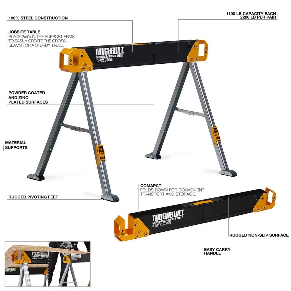 New ๐ TOUGHBUILT 42.4"W x 28.8"H C550 Powder-Coat Steel Sawhorse and Jobsite Table with 1100 lb capacity ๐ 4 New ๐ TOUGHBUILT 42.4"W x 28.8"H C550 Powder-Coat Steel Sawhorse and Jobsite Table with 1100 lb capacity ๐ - Image 2
